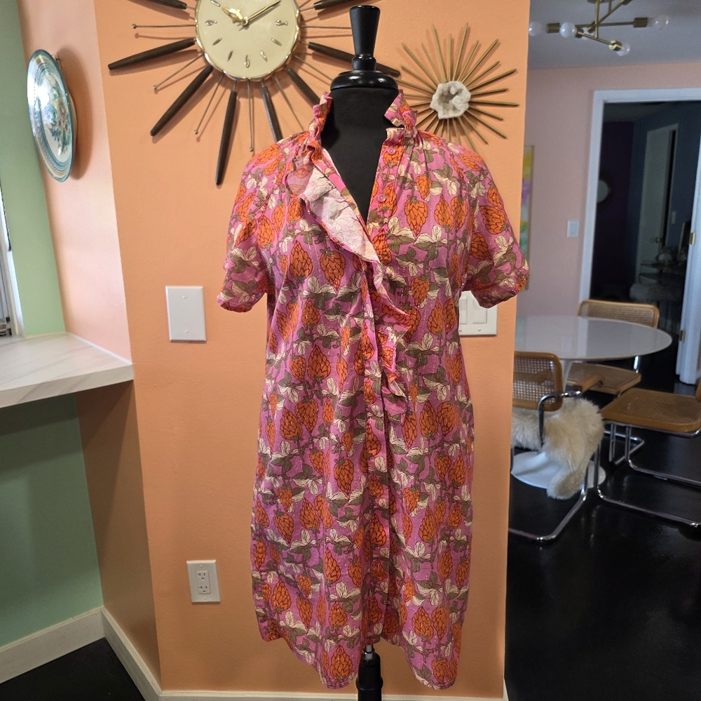 Boho Chic Small Floral Pink Ruffle Dress Buttin Down Hippie Retro Girlie - Picture 11 of 15
